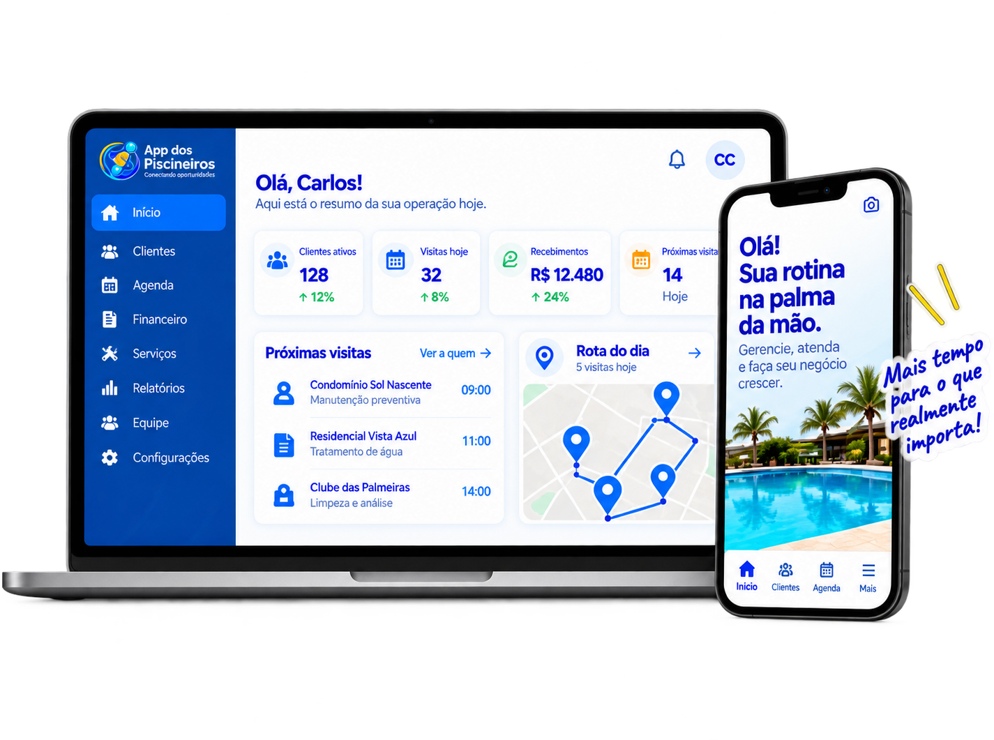 Painel do App dos Piscineiros em notebook e celular
