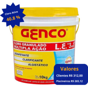 O Cloro Genco 3 em 1 é um produto especialmente formulado para tratar a água de piscinas com eficiência, oferecendo uma combinação de três funções essenciais: cloração, algicida e clarificante. Com isso, você pode garantir que sua piscina esteja sempre limpa e cristalina, sem a presença de algas e outros micro-organismos que possam prejudicar a saúde dos banhistas.